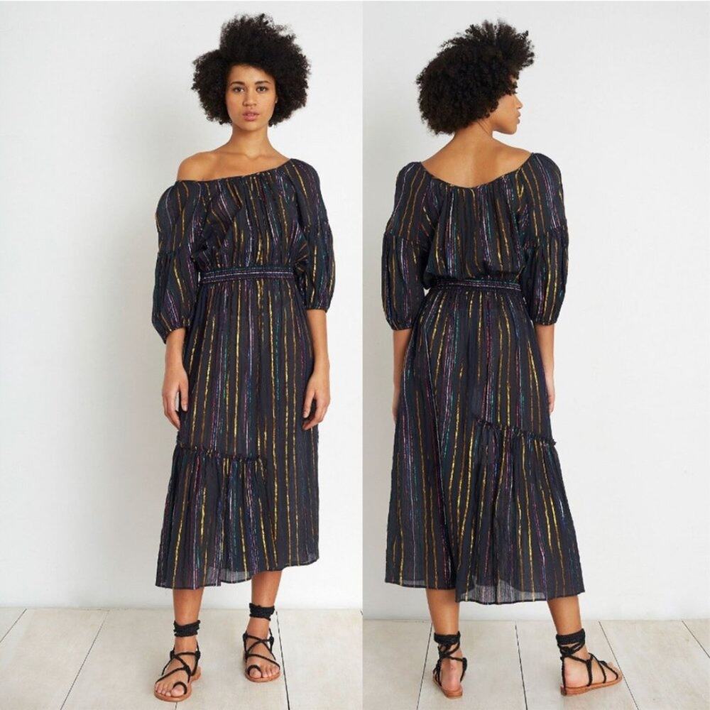 Apiece Apart Camellia One Shoulder Striped Metallic Midi Dress